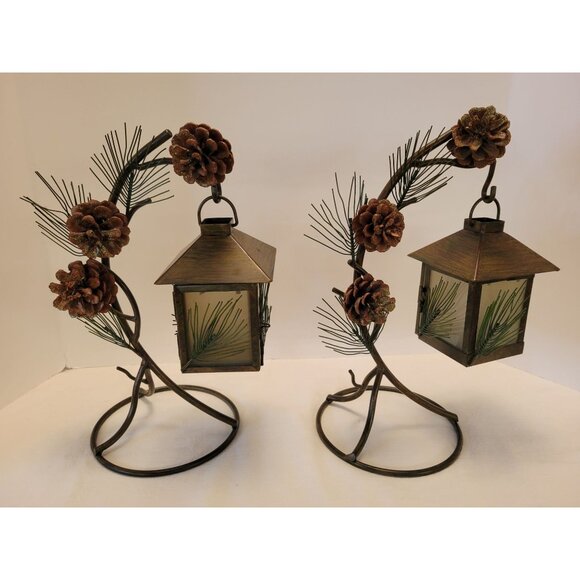 Rustic Pinecones Metal Pine Needles Lantern Tea Light Candle Holders Cabin Decor - Picture 11 of 14